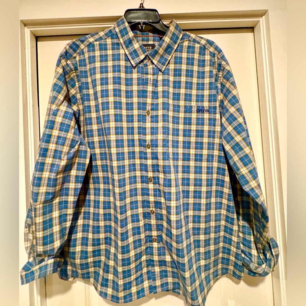Orvis Men's Yellow and Blue Plaid Shirt XXL 
Amazing condition